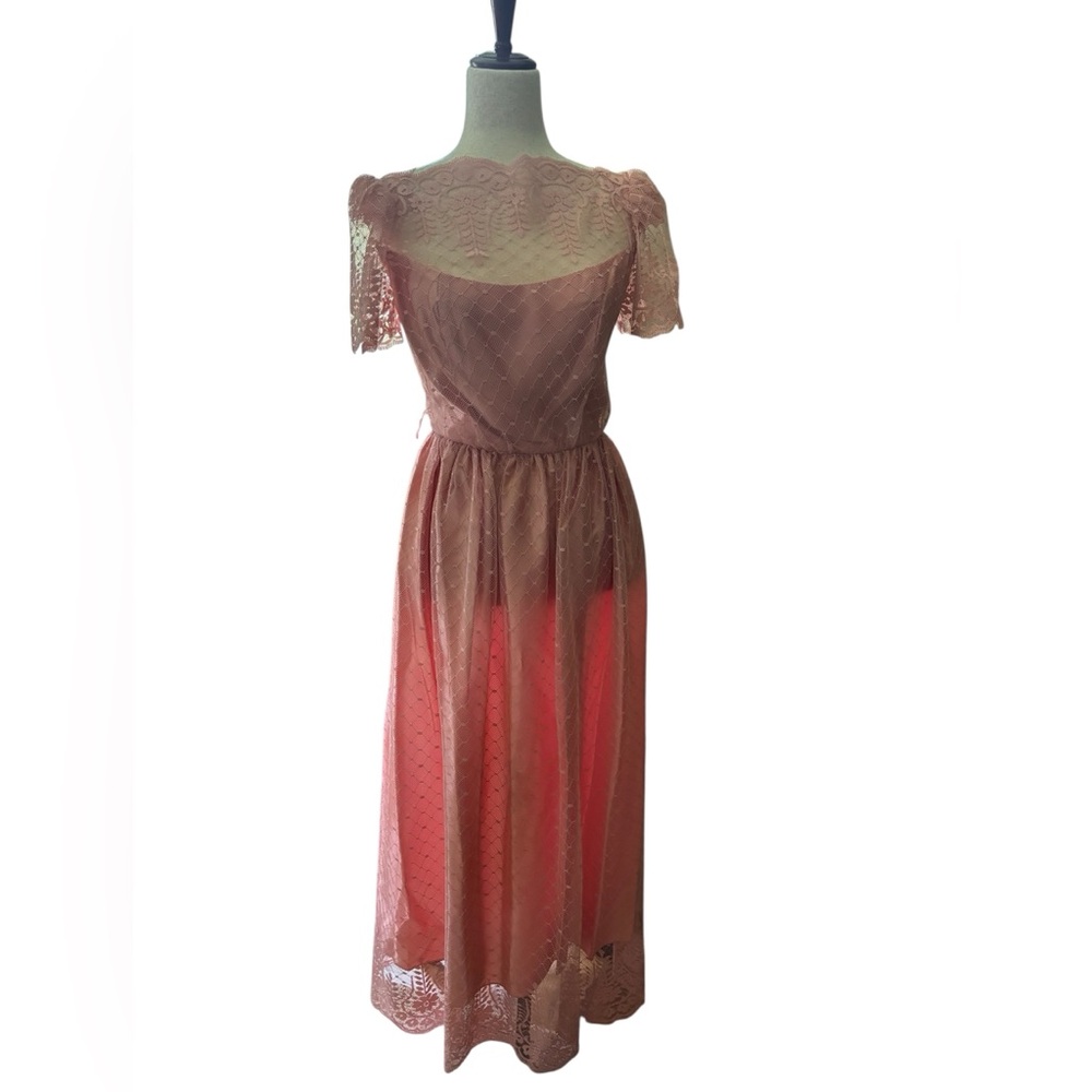 Vintage 1970s  Pink Lace Formal Dress‎ Union Made USA XS–S (34/27/50)
